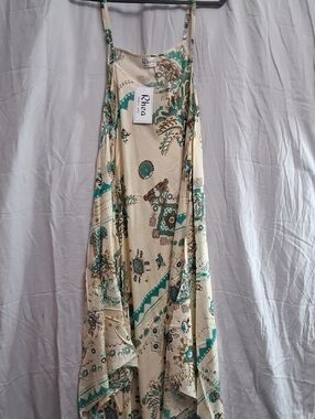 Rhea Costa Cream and Teal Paisley-Print Asymmetrical Maxi Dress